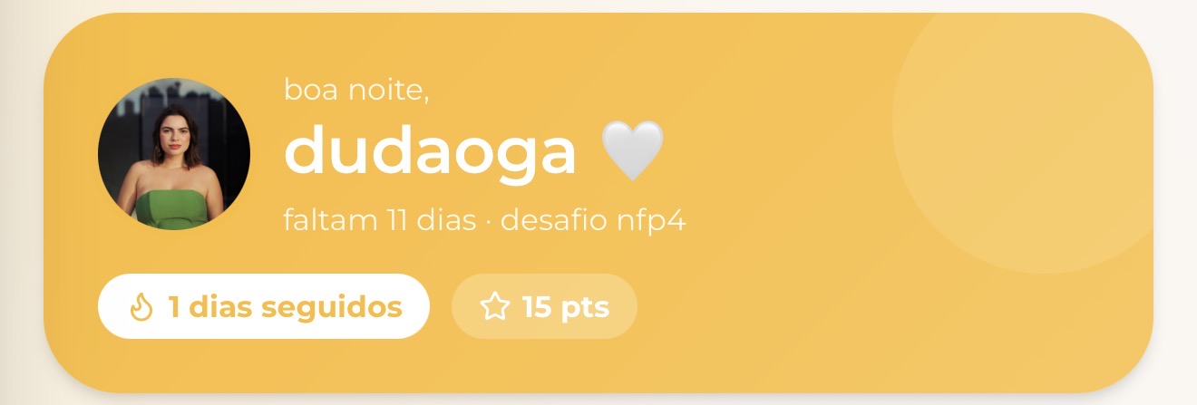 cartão de boas-vindas do app com pontos e dias seguidos