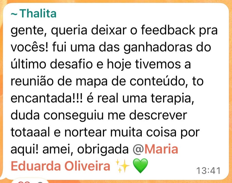 mensagem da thalita contando o resultado do mapa de conteúdo