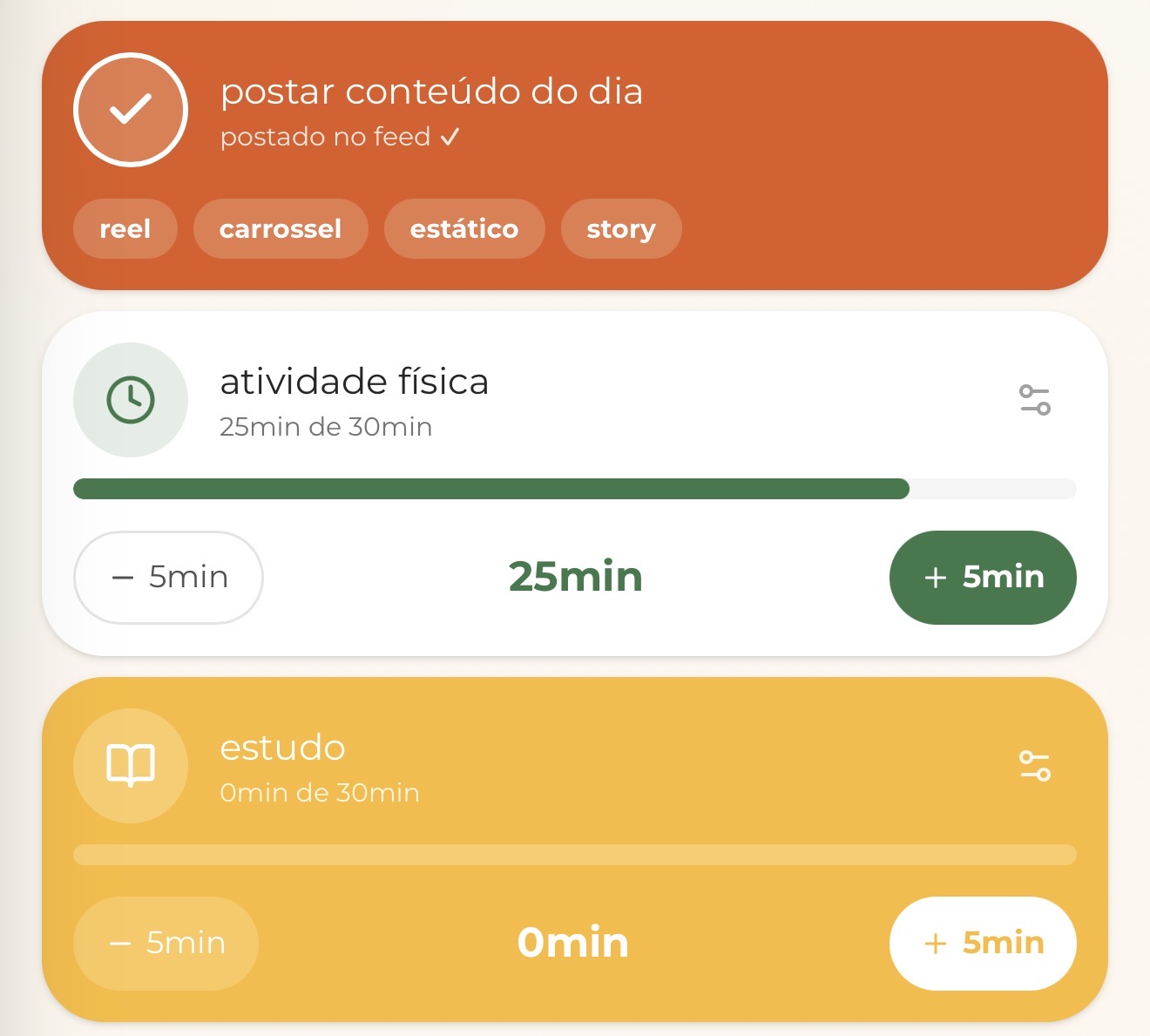 hábitos do dia no app